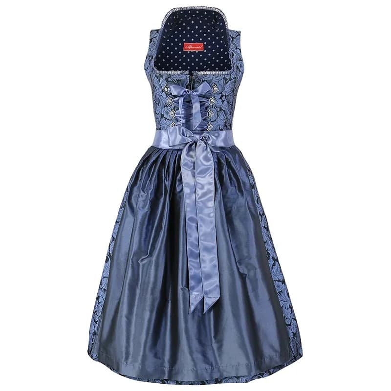 Dirndl in Rauchblau mit Stehkragen und Schürze als Hollowman-Aufnahme vor Weiß
