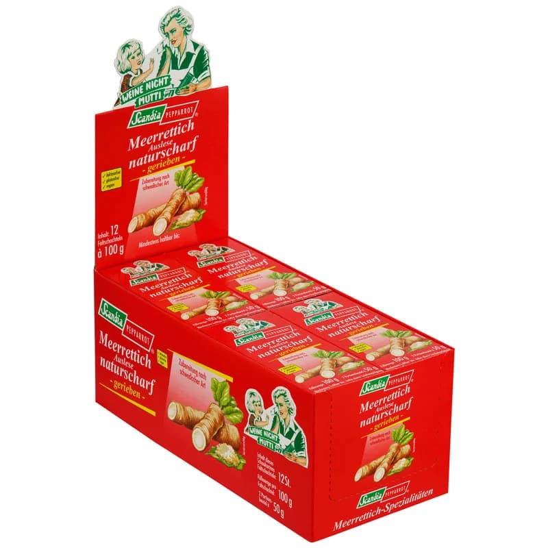 Display-Karton mit Meerrettich-Tuben in Rot, Packshot vor Weiß