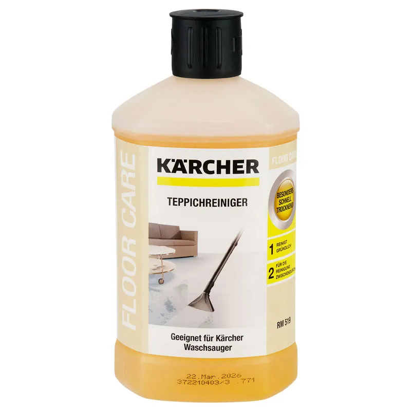 Flasche Teppichreiniger mit gelbem Etikett, Piktogrammen und Anwendungshinweisen, Packshot vor Weiß
