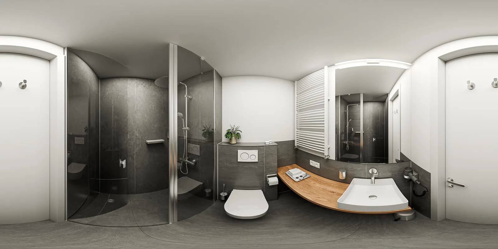 Kugelpanorama eines Badezimmers mit Dusche, Waschtisch und Holzablage, als flache Rundumansicht abgewickelt