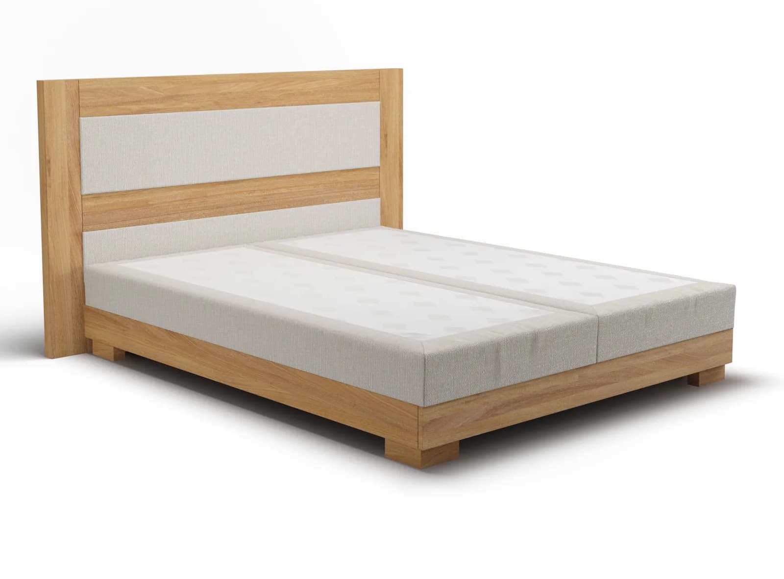 Boxspringbett mit Eichenrahmen und hellem Polster schräg von vorn, 3D-Rendering vor Weiß