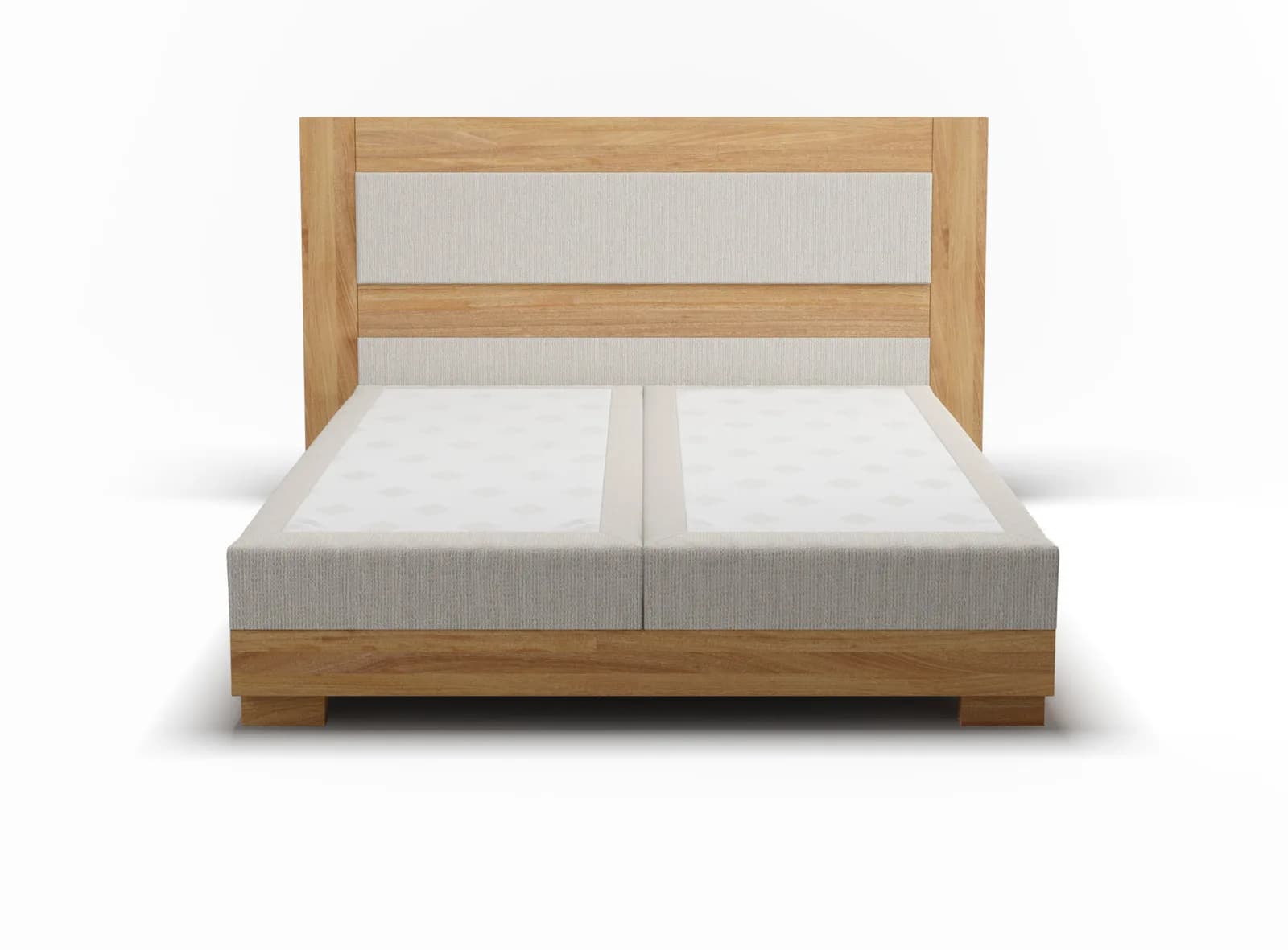 Boxspringbett mit hellgrauem Polster und Eichenrahmen in der Frontansicht, 3D-Rendering vor Weiß
