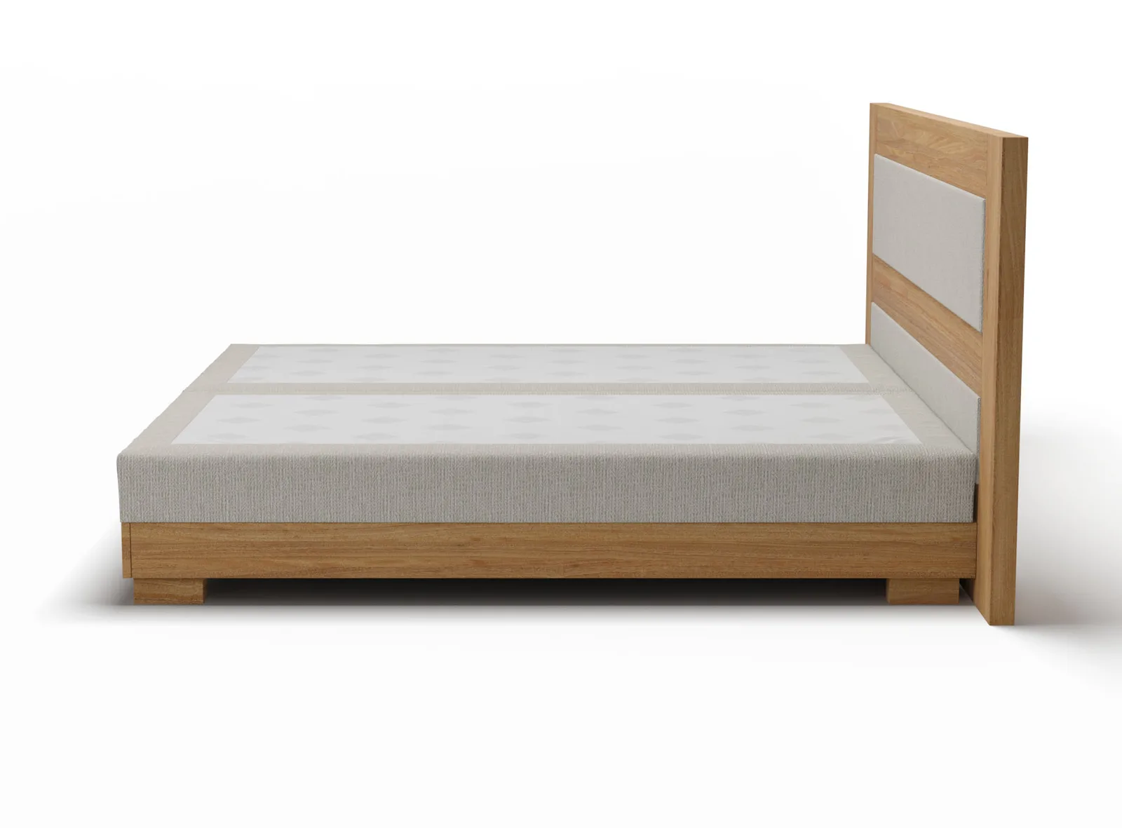 Boxspringbett mit Kopfteil aus Eichenholz in der Seitenansicht, 3D-Rendering vor Weiß mit weichem Schatten