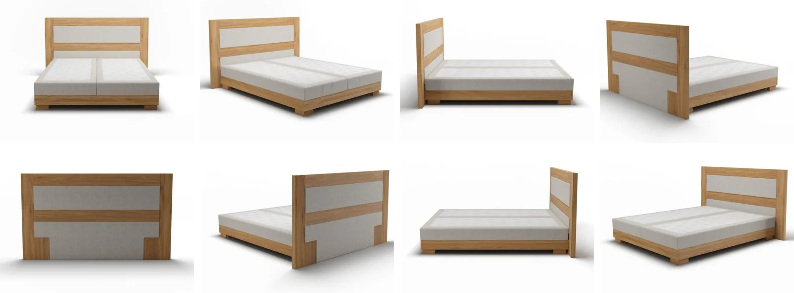 Boxspringbett in acht Ansichten einer 360-Grad-Drehung, von vorn über die Seiten bis zur Rückseite, 3D-Rendering