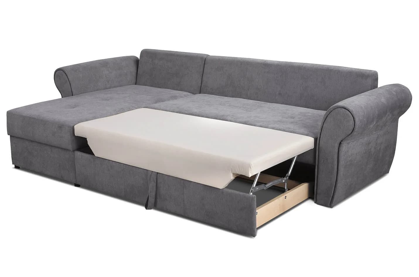 Graues Ecksofa mit ausgezogener Schlaffunktion und Bettkasten, freigestellt vor Weiß