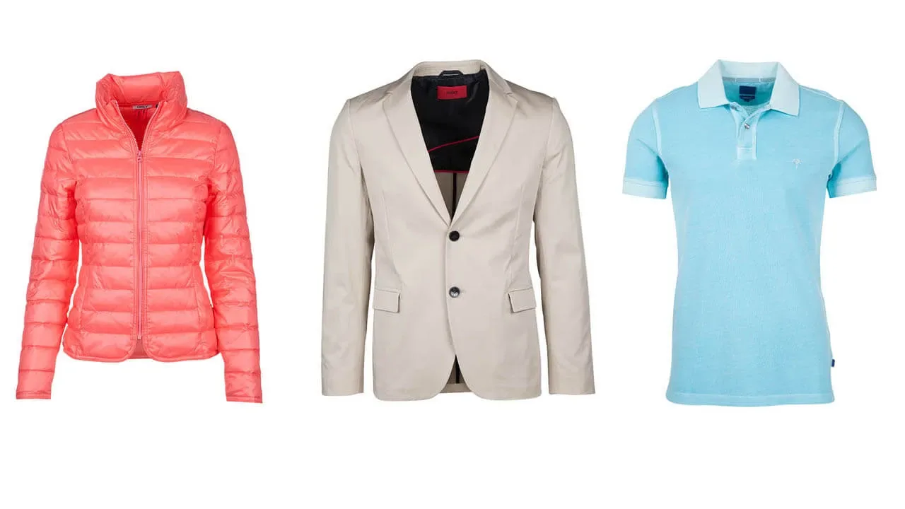 Pinke Steppjacke, beiges Sakko und hellblaues Poloshirt nebeneinander als Hollowman-Freisteller