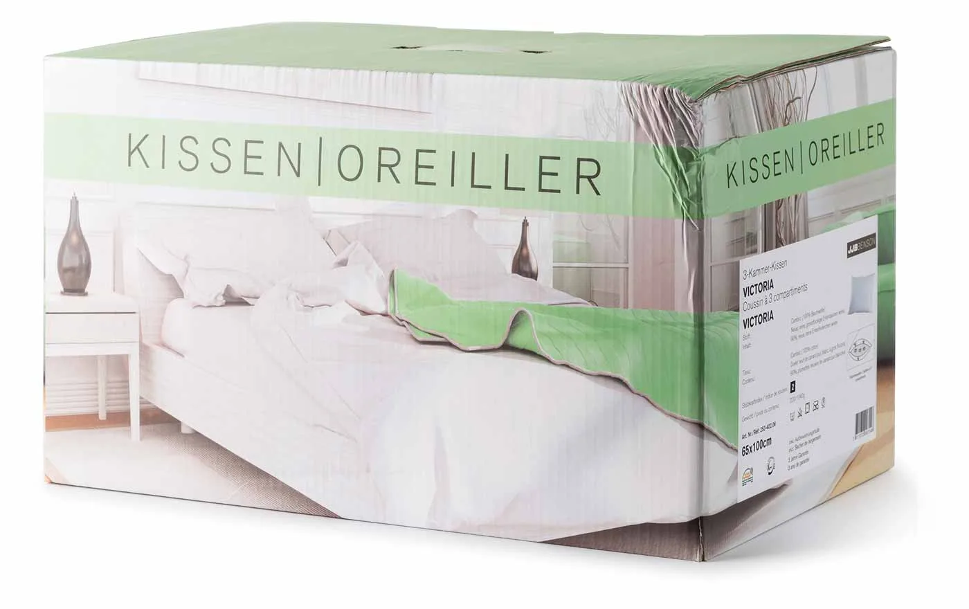 Verpackungskarton für ein Kissen mit knittriger Folie und Lichtreflexen, Ausgangsbild vor der Retusche