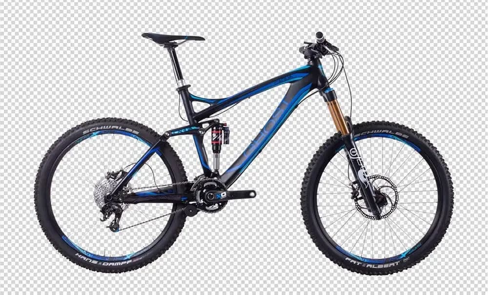 Blaues vollgefedertes Mountainbike als Freisteller auf transparentem Grund mit Schachbrettmuster