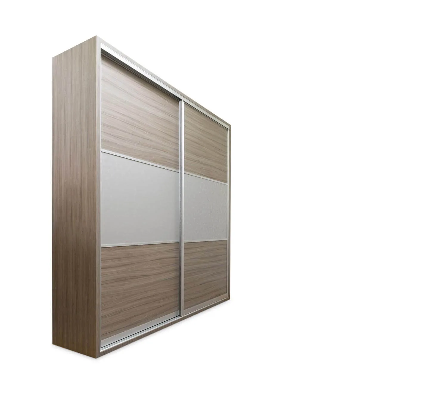 Schwebetürenschrank mit Holzdekor und Glasfeld, aus dem Raum gelöst und vor Weiß freigestellt