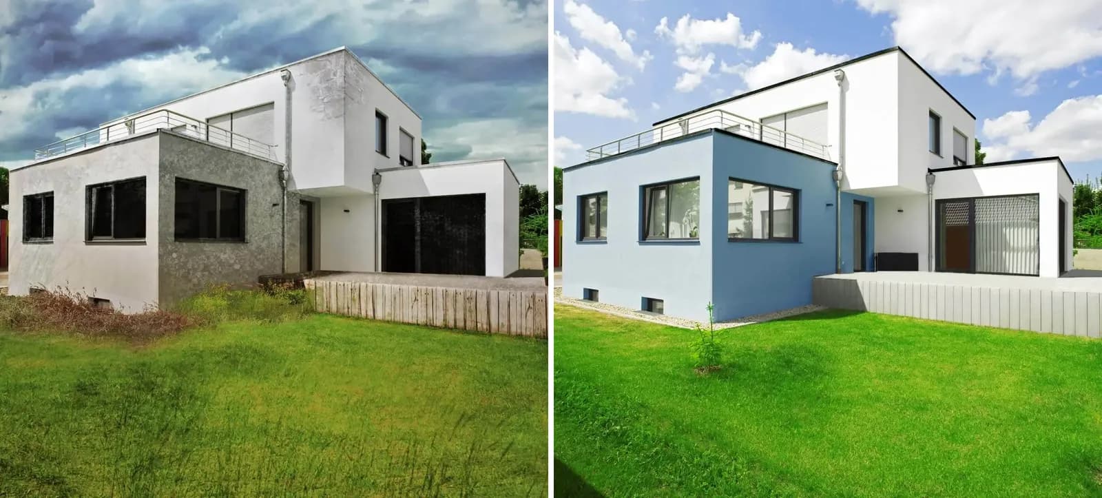 Vorher-nachher-Vergleich: Flachdachhaus links mit trübem Himmel und wildem Rasen, rechts mit blauer Fassade und Himmel