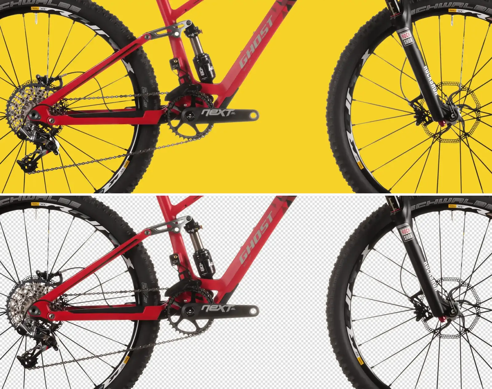 Mountainbike-Ausschnitt zweimal: oben vor gelbem Grund, unten als Freisteller auf transparentem Hintergrund