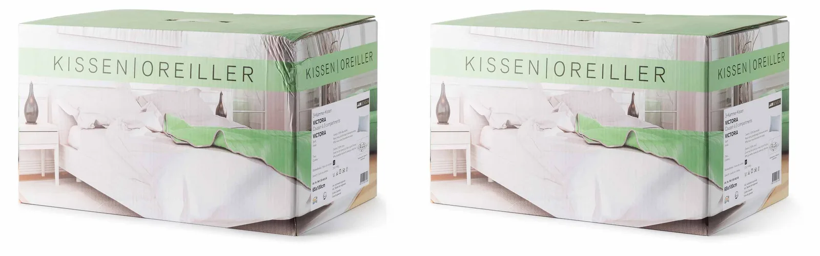 Vorher-nachher-Vergleich: Kissenkarton links mit Folienfalten und Reflexen, rechts nach der Retusche mit glatter Fläche