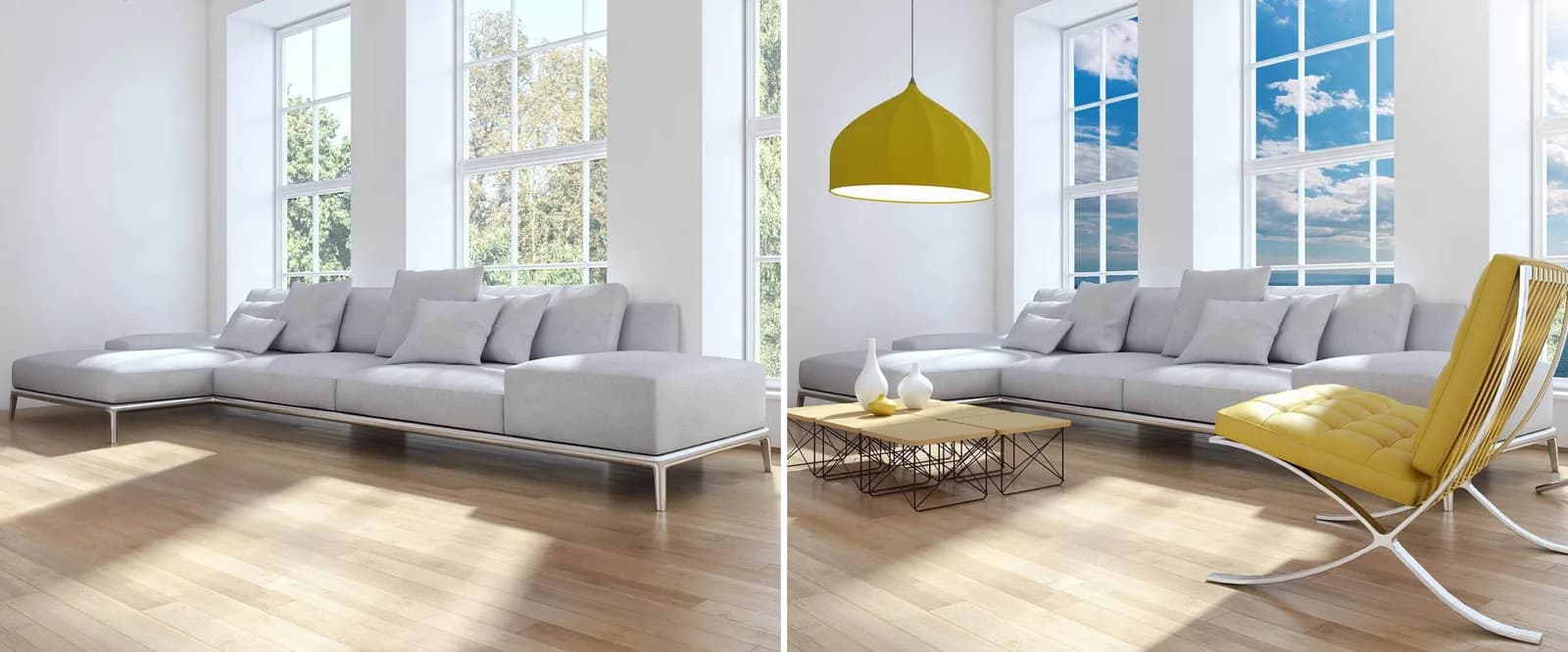 Vorher-nachher-Vergleich: heller Wohnraum links nur mit Sofa, rechts digital ergänzt um Sessel, Tische und Leuchte