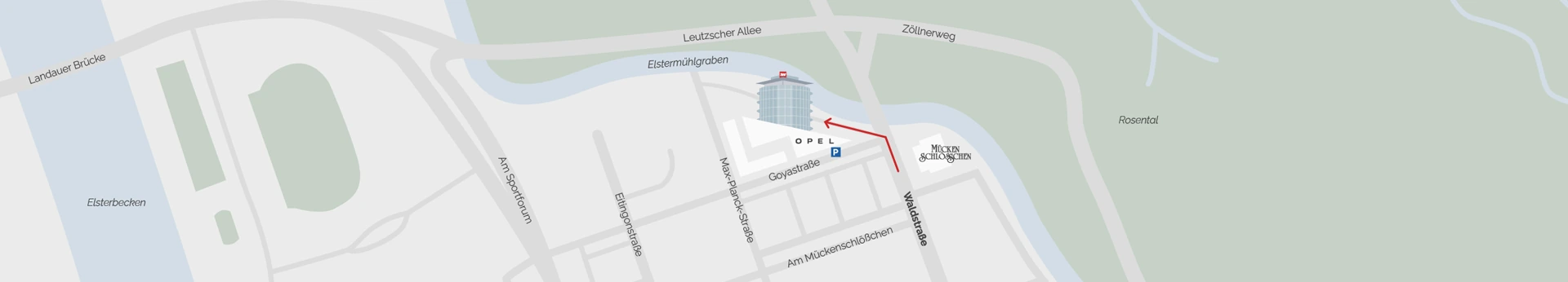 Gezeichnete Karte: das Studiogebäude von 3W FOTO an der Goyastraße 2a in Leipzig zwischen Elsterbecken, Rosental und Elstermühlgraben, mit Parkplätzen an der Max-Planck-Straße und den Straßen Waldstraße, Am Mückenschlößchen und Leutzscher Allee